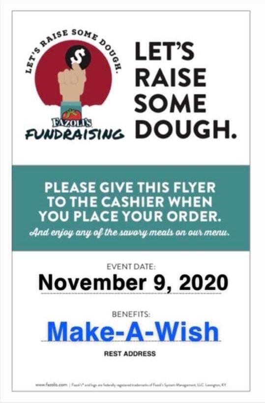 Go grab some grub at Fazoli’s today and show them this flyer! Some of the proceeds will be donated to <a href="/MakeAWish/">Make-A-Wish America</a> 🌟