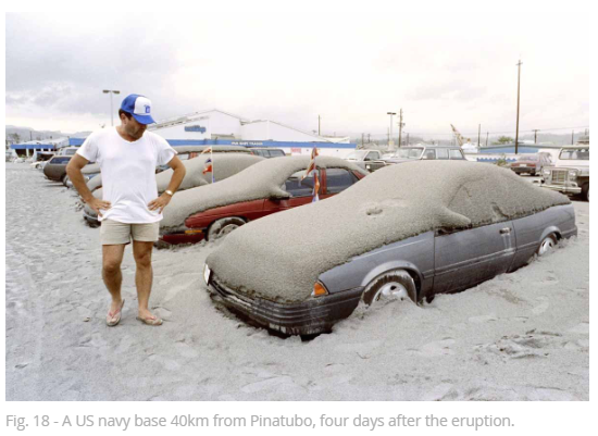 The ash fall from Pinatubo 1991. Rain water added weight to the ash, causing some buildings to collapse. The ash travelled up to 65 km away from the volcano, not the 40 km forecast, forcing the evacuation of locals after the ash fall.