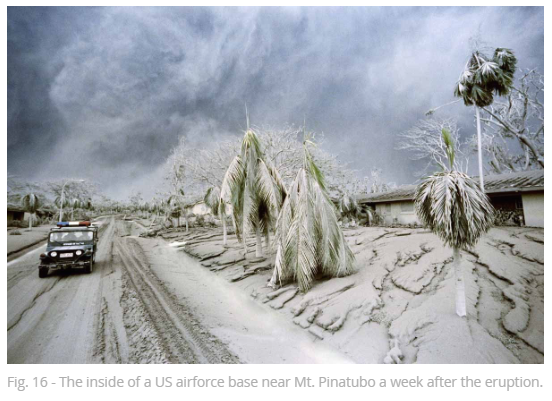 The ash fall from Pinatubo 1991. Rain water added weight to the ash, causing some buildings to collapse. The ash travelled up to 65 km away from the volcano, not the 40 km forecast, forcing the evacuation of locals after the ash fall.