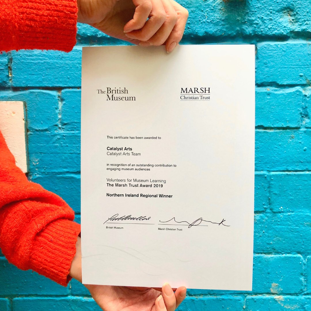 Catalyst_Arts's tweet photo. We have some good news..... We won The Marsh Trust Award 2019 for the region of Northern Ireland. 

Thank you to the @britishmuseum and @MarshAwards for recognising our work and dedication as volunteers. 

#BritishMuseum #MarshAwards https://t.co/YyhojScs1W