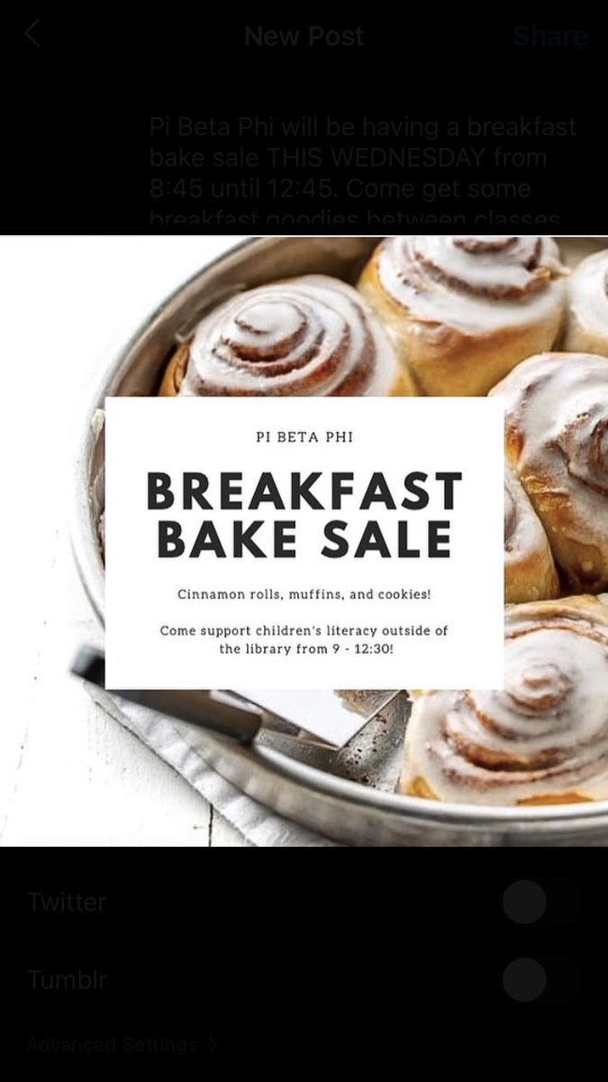 SimpsonPiPhis's tweet photo. Pi Beta Phi will be having a breakfast bake sale THIS WEDNESDAY from 9 until 12:30. Come get some breakfast goodies between classes and support literacy! 

Prices:
Cinnamon roll: $2
Muffin: $2 
Cookies: 2 for $3 https://t.co/tP7V2Ml12I