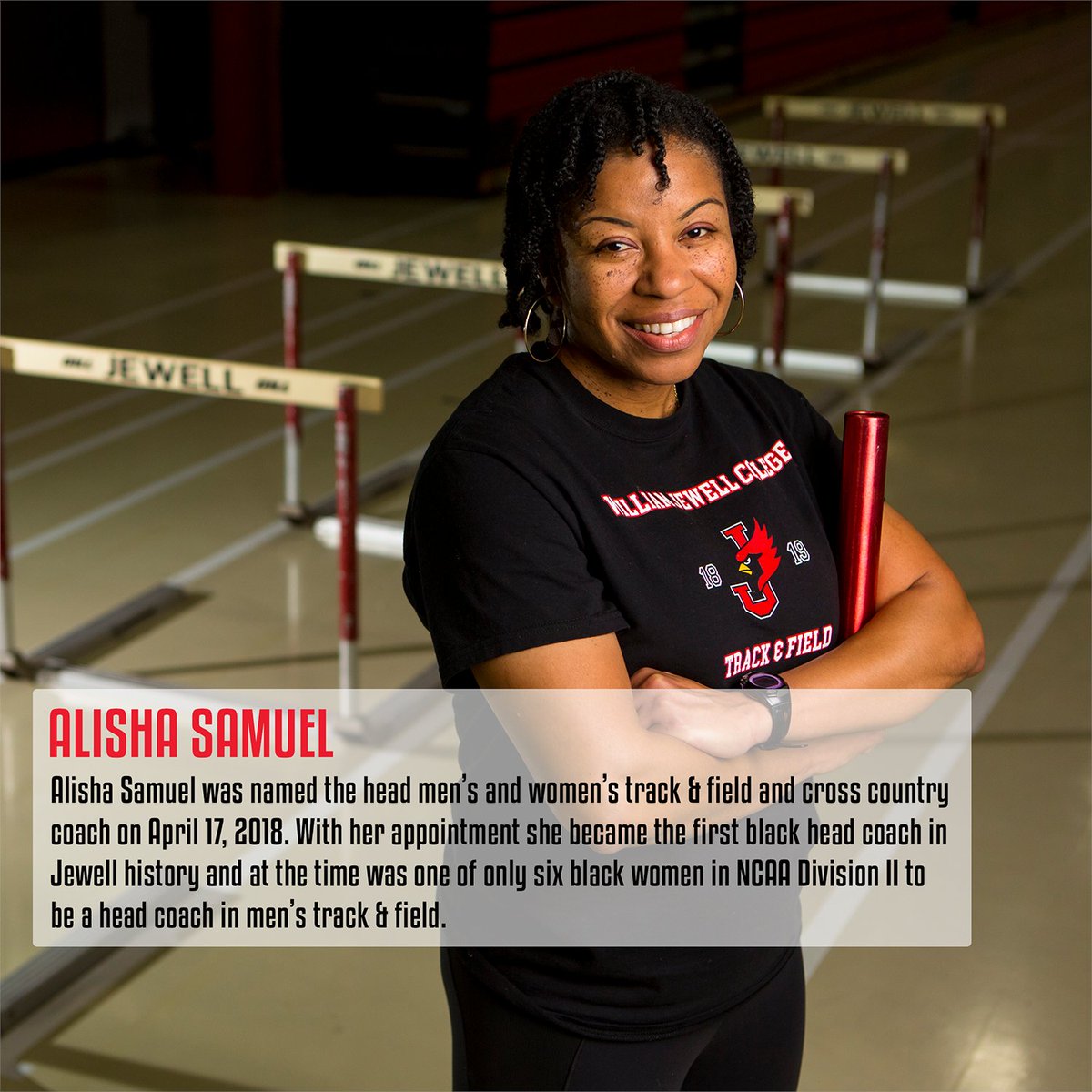 williamjewell's tweet photo. On April 17, 2018, Alisha Samuel became Jewell's first Black head coach and one of six Black women to be head coach in men's track &amp; field in @NCAA DII. She plays an integral part in Jewell athletics and the #JewellFamily. ❤️🖤  #ForgingAPath https://t.co/iR910OkCD8