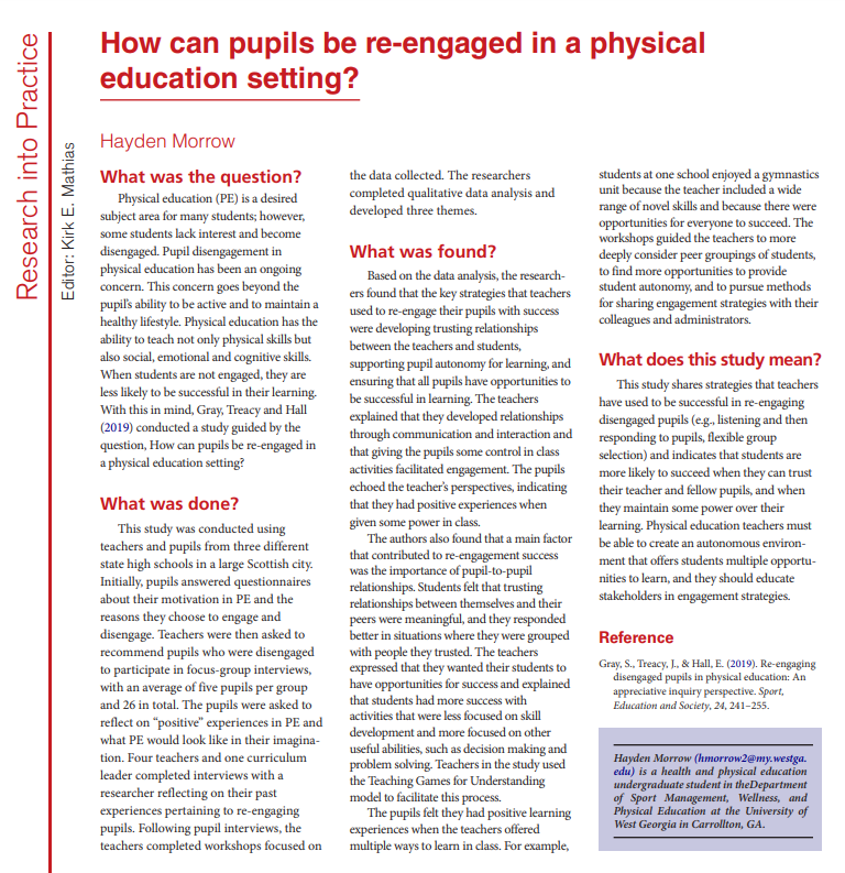 UWG_SWP's tweet photo. Congratulations to Hayden Morrow, who is a 2020 Physical Education Alumnus, had a publication released in a leading Physical Education Journal this week. Check out this link to read more about Hayden's publication! https://t.co/bcK9DgNisi https://t.co/1kp5PZCMpc