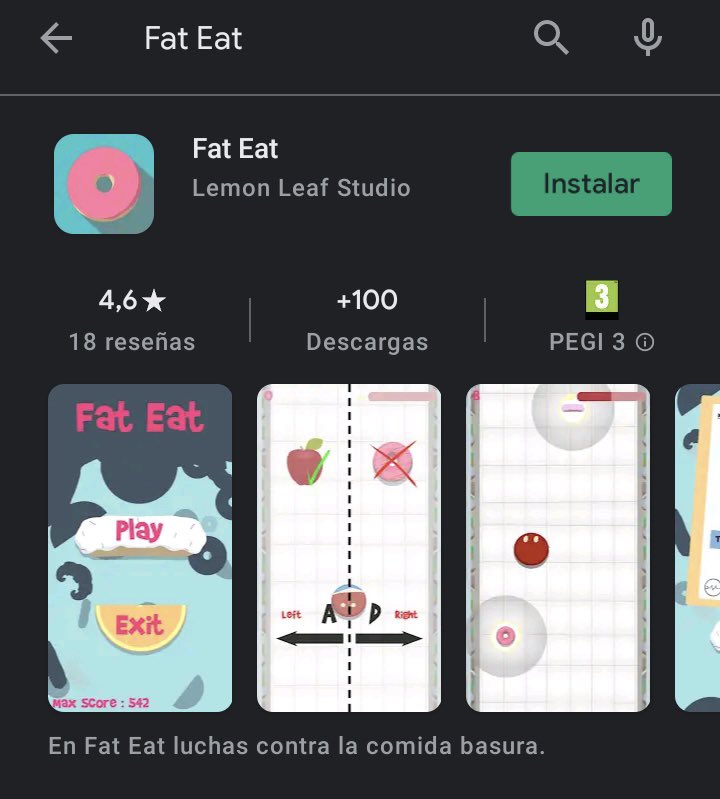 StudioLemonLeaf's tweet photo. ¡FAT EAT ya es primero en el ranking de búsqueda de la Play Store con +100 descargas y reseñas de lo más positivas! 🍩

Ya disponible en todo el mundo para Android: https://t.co/wRTsItULBZ https://t.co/IhKSFfQs5E