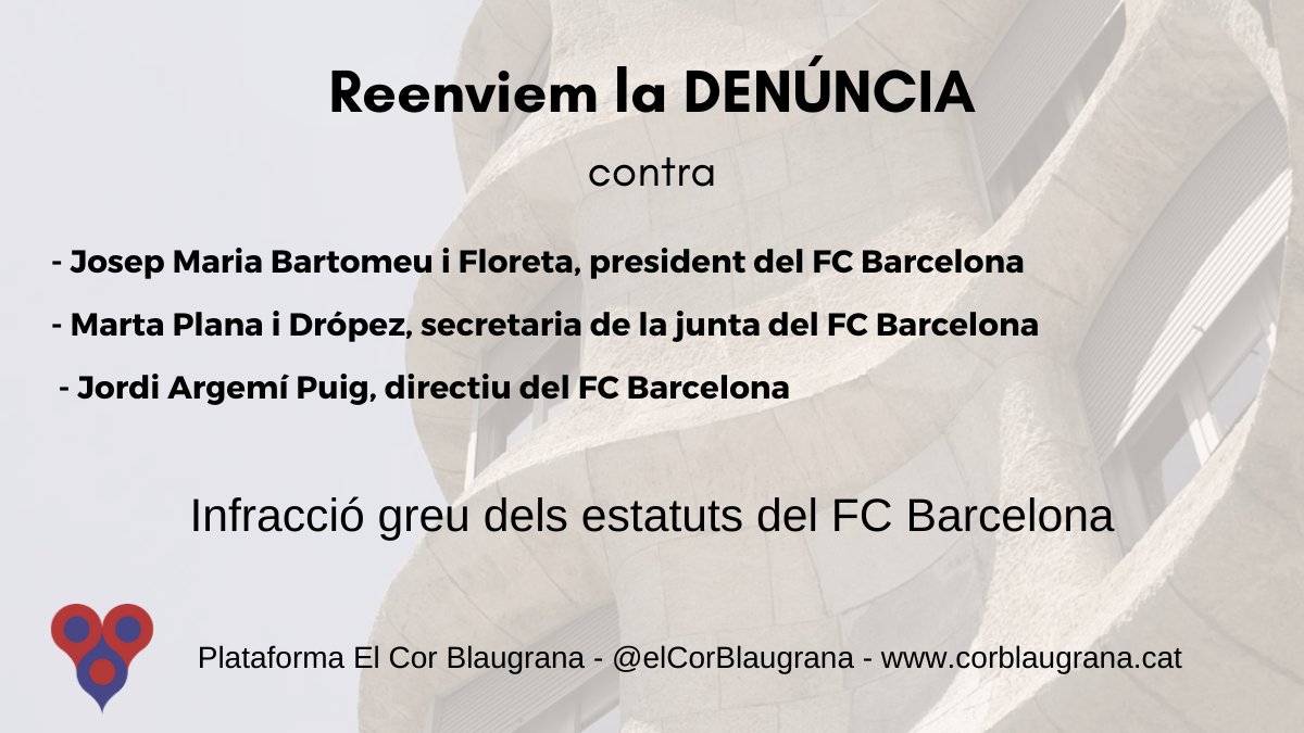 ElCorBlaugrana's tweet photo. 💥CARTA A LA COMISSIÓ GESTORA

Des de @elcorblaugrana seguim actuant per aconseguir la transparència i la bona praxis dins del nostre club

Hem enviat la Denúncia a Bartomeu a la comissió gestora i demanat accés a l’auditoria i preguntat pel comiat de l’ideòleg

#PosiLesUrnesFCB https://t.co/5WkboGiIlk