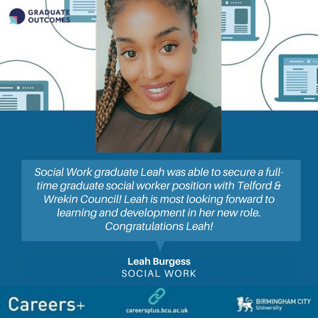 BCU_HELSCareers's tweet photo. Time for some #mondaymotivation! BCU Social Work graduate Leah has secured a full-time newly qualified social worker position with Telford Council! She is most looking forward to learning &amp; development in her new role. Congratulations Leah! 

#bcucareers #bcugraduate https://t.co/7oGhxUrcey