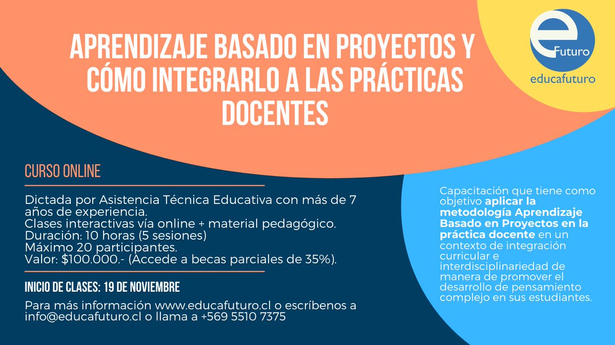 Educafuturocl's tweet photo. Curso online de “Aprendizaje basado en proyectos y como integrarlo en las prácticas educativas. Somos calidad, compromiso, personalización y experiencia en aula. Más información en el sgte. link: https://t.co/ZG80Y6GZsi
#ABPro #Educación #Docencia #Profes #ATE #AulaVirtual https://t.co/ECPidPzTUR