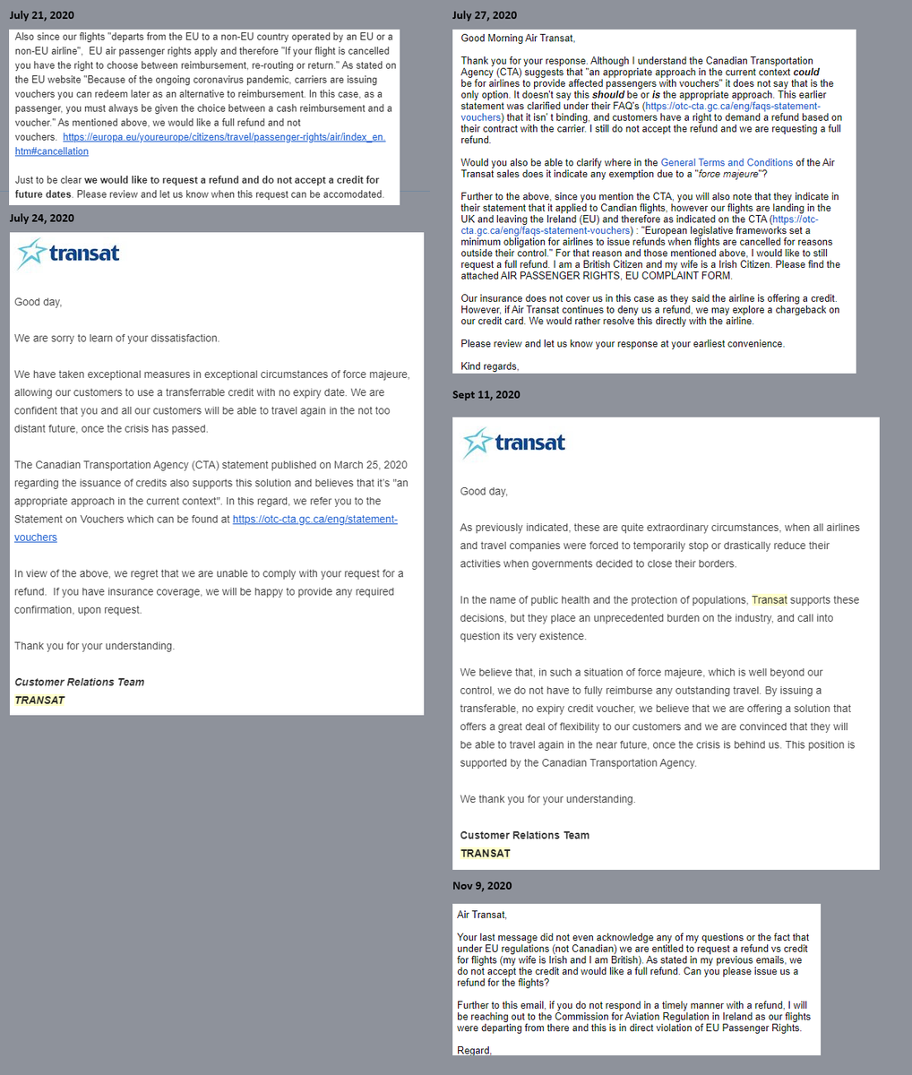 krigh's tweet photo. @airtransat why do you feel you are exempt from refunding flights under EU regulations/EU Passenger Rights? Our family has been requesting a refund for flights from Dublin for over 4 months and you continue to ignore that you have to offer us a choice. https://t.co/BdAVwdiPwK