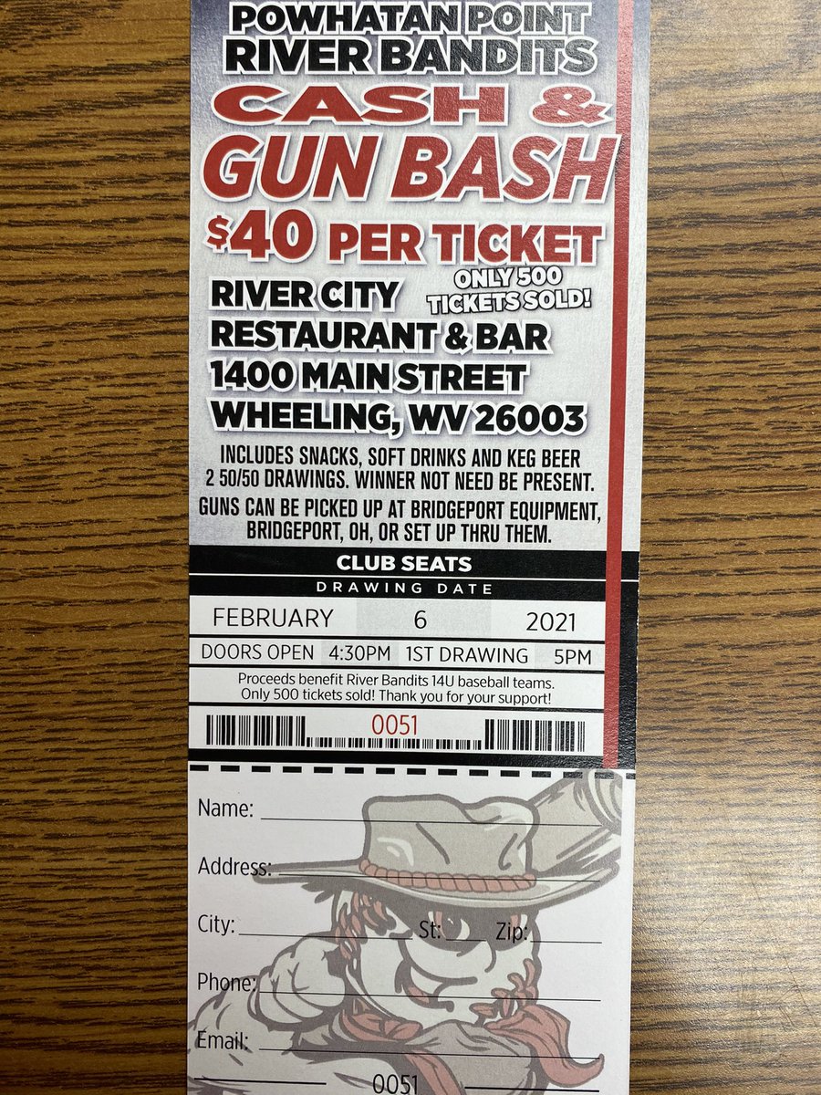 PRiverBandits's tweet photo. The 14U Bandits Cash &amp; Gun Bash will be held February 6, 2021 at River City Restaurant &amp; Bar. Tickets are $40 each. Great food, drinks &amp; for an even better cause! Need not be present to win. See Coach @TimBlue22 or any 14U player/parent for tickets. https://t.co/bCr7Z4UH65