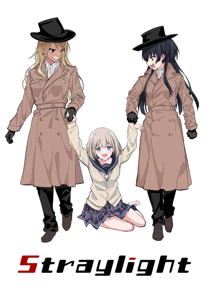 izumi mei ,mayuzumi fuyuko ,serizawa asahi multiple girls 3girls hat black hair gloves blonde hair skirt  illustration images