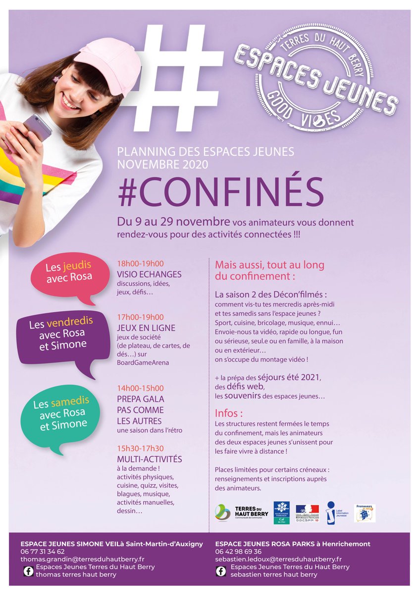 EspaceJeunesTHB's tweet photo. 🤳 PROGRAMME D'ANIMATIONS 🤳

Il était attendu avec impatience, nous pouvons désormais le dévoiler : voici le planning connecté de vos Espaces Jeunes du mois de novembre ! 👉📱

⚠️ Préparez vos comptes DISCORD pour les visios, les anims sont déjà prêts !

https://t.co/zBLSg9QaFL https://t.co/cnLDOjoS73
