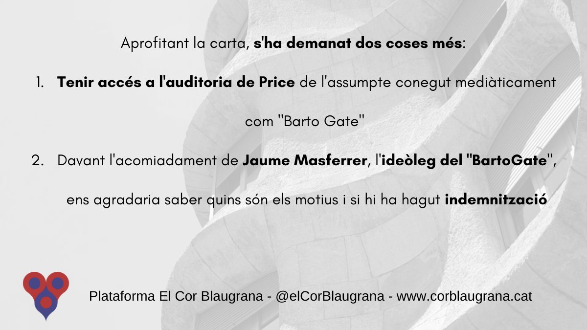 ElCorBlaugrana's tweet photo. Aprofitant la mateixa carta, s’ha demanat accés a dos coses més

1⃣ Accés a l’auditoria de PWC en l’assumpte conegut mediàticament com #BartoGate
2⃣ Quins motius i la indemnització cobrada per Jaume Masferrer, l’ideòleg

#PosiLesUrnesFCB https://t.co/jmiePr3clE