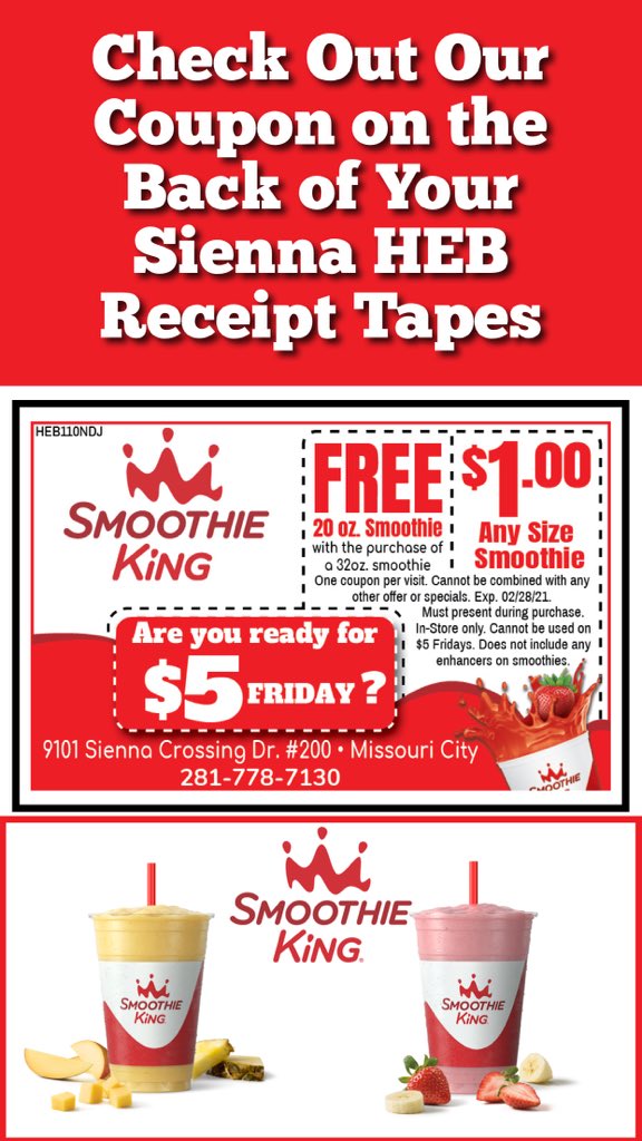 SiennaSmoothie's tweet photo. Be on the lookout for these exciting deals on then back of your HEB receipts. Stop by today to take advantage of these awesome deals. #siennaplantation #missouricity https://t.co/hao6IXWYEP