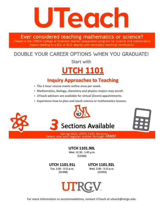 It’s recruitment time! Please share with any aspiring teachers, especially those interested in mathematics or science! #UTRGV #UTeach
