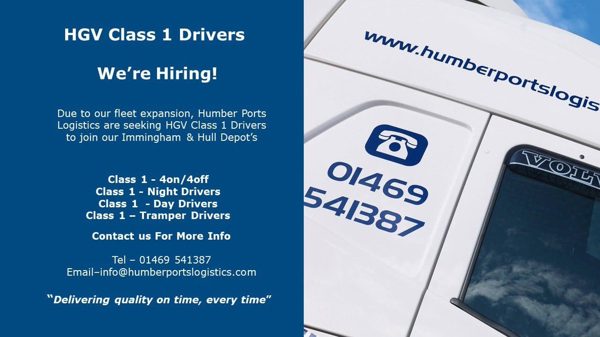HumberPorts's tweet photo. Are you ready for something new?

Due to our fleet expansion, Humber Ports Logistics are seeking HGV Class 1 Drivers to join our Immingham &amp; Hull Depot’s https://t.co/M38NeMZWqr