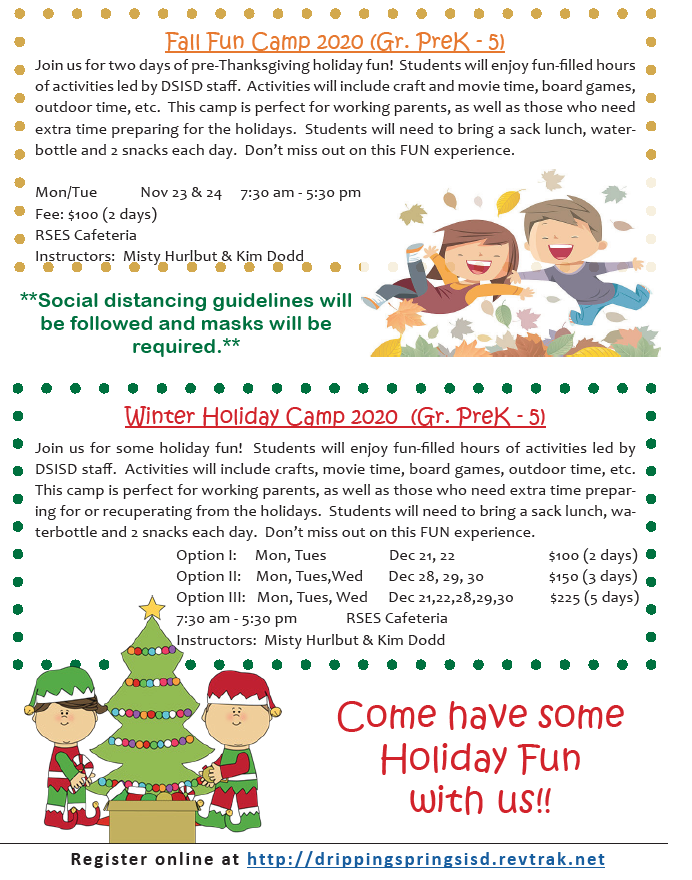 The HOLIDAYS are quickly approaching!!! Parents are you needing child care??? We have the perfect solution...Fall Fun Camp 🍂🏃‍♂️👫😲 Don't worry you still have time to REGISTER!!! drippingspringsisd.facilitywerks.com/offerings.html…