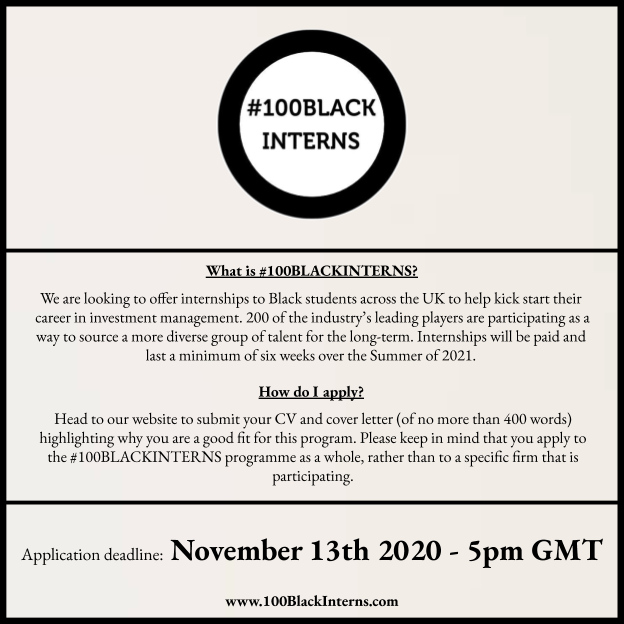 The application deadline for the initiative is this Friday, November 13th at 5pm GMT.

For more information about how to submit your application, head to our website - 100BlackInterns.com

#100BlackInterns #Internships #Diversity