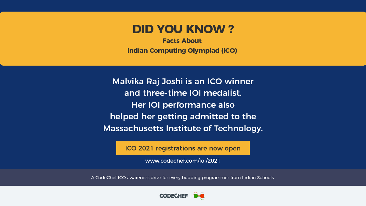 codechef's tweet photo. To register for ICO 2021, click here: https://t.co/wINBf6jbLH
Spread the word - Please reshare to make all Indian school students, school authorities and parents aware of ICO 2021.
#GoForGold #CodeChef #programming #CodeChefForSchools https://t.co/8JlhuKftmy