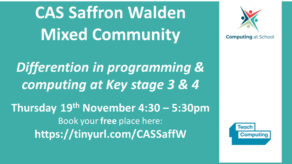wendypicci's tweet image. Looking to improve differentiation in computing at KS3/4? Join the discussion at the @CompAtSch Saffron Walden Community on Thu 19th Nov 4:30-5:30pm. Free to book: tinyurl.com/CASSaffW @NCCESWCHS @JanetSymonds