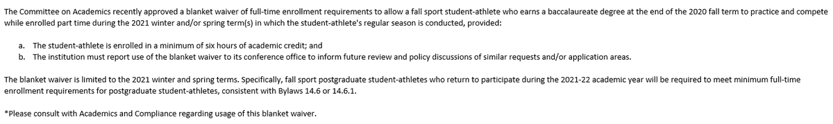 Blanket Waiver for Fall Sport Student-Athletes