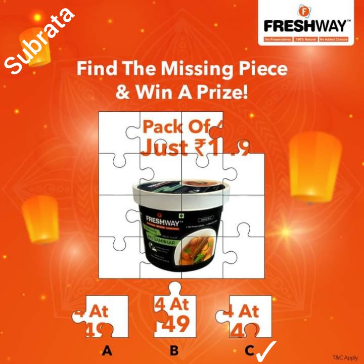 Subrata37606833's tweet image. @freshwayfood 
Missing Piece👉C
#Contest2  #DiwaliWithFreshway 

@sengodan4 @AbhishekIPLFeak @Sanjiv_34 @godsowntalk @Meenusettu @Gayathrimohan_ @prachimana @rijhwani_h @haravind @hellolalit @KpParmar98 @mysterioussu @misty_basu @RubyAga9339 @Soniyaskjain1 @geetztandon @VHetal