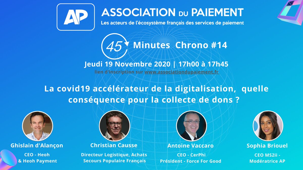 La Covid19 accélérateur de la digitalisation, quelle conséquence pour la collecte des dons ?

Suivez Christian Causse, Antoine Vaccaro, Sophia BRIOUEL, Ghislain d'ALANCON dans un Webinar organisé par l'Association du Paiement le 19 novembre à 17H45

👉🏼 bit.ly/3lfpMPl 👈🏼