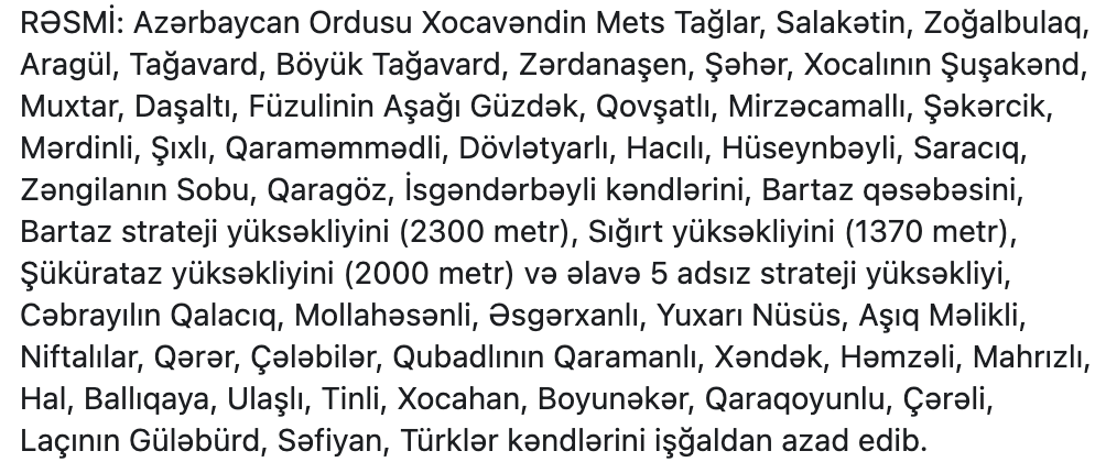 muntezir's tweet photo. Azərbaycan Ordusu Qarabağda kənd, qəsəbə şəhər qoymadı bu gün... SİYAHI https://t.co/fs5QuFRHj6