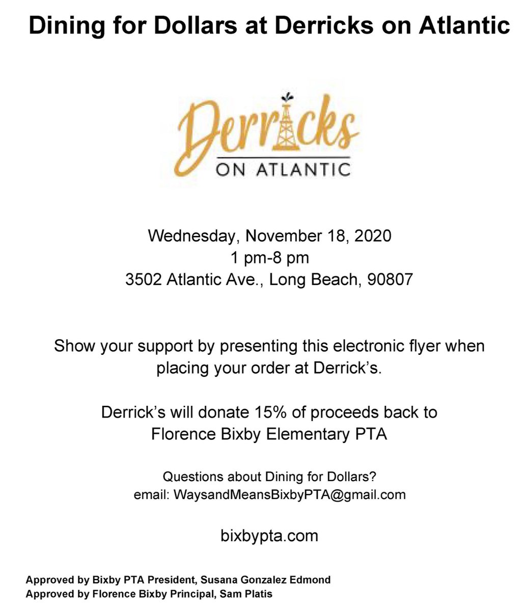 bixbypta's tweet photo. Attention Bixby Beavers!  #Dining4Dollars at Derricks on Atlantic.  Show this flyer and we will get 15% of proceeds.  #ProudtobeBixbyBeavers #ProudtobeLBUSD #WhywePTA https://t.co/zZ9Pefm7mh