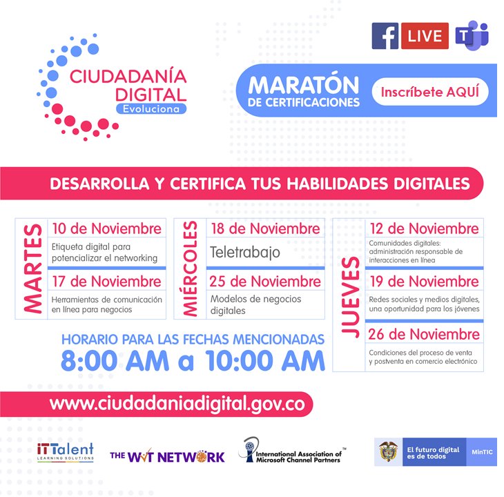 TheWITNetworkCo's tweet photo. 🚀 Presentamos la programación de la iniciativa #CiudadaníaDigital, de la que formamos parte con el @Ministerio_TIC y la @IAMCP_Col

Ven, participa de nuestros cursos gratuitos y certificate en #HabilidadesDigitales.

📅 ¡Iniciamos MAÑANA!

✍🏻 Inscribete: https://t.co/PFAbohGfQw https://t.co/4QT6buyT1H