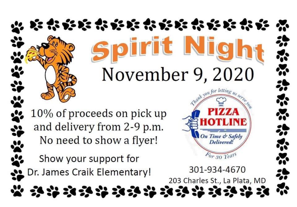 Spirit Night for our Craik Tigers TONIGHT!  Order Pizza Hotline for lunch/dinner to support our school.  🐯🍕