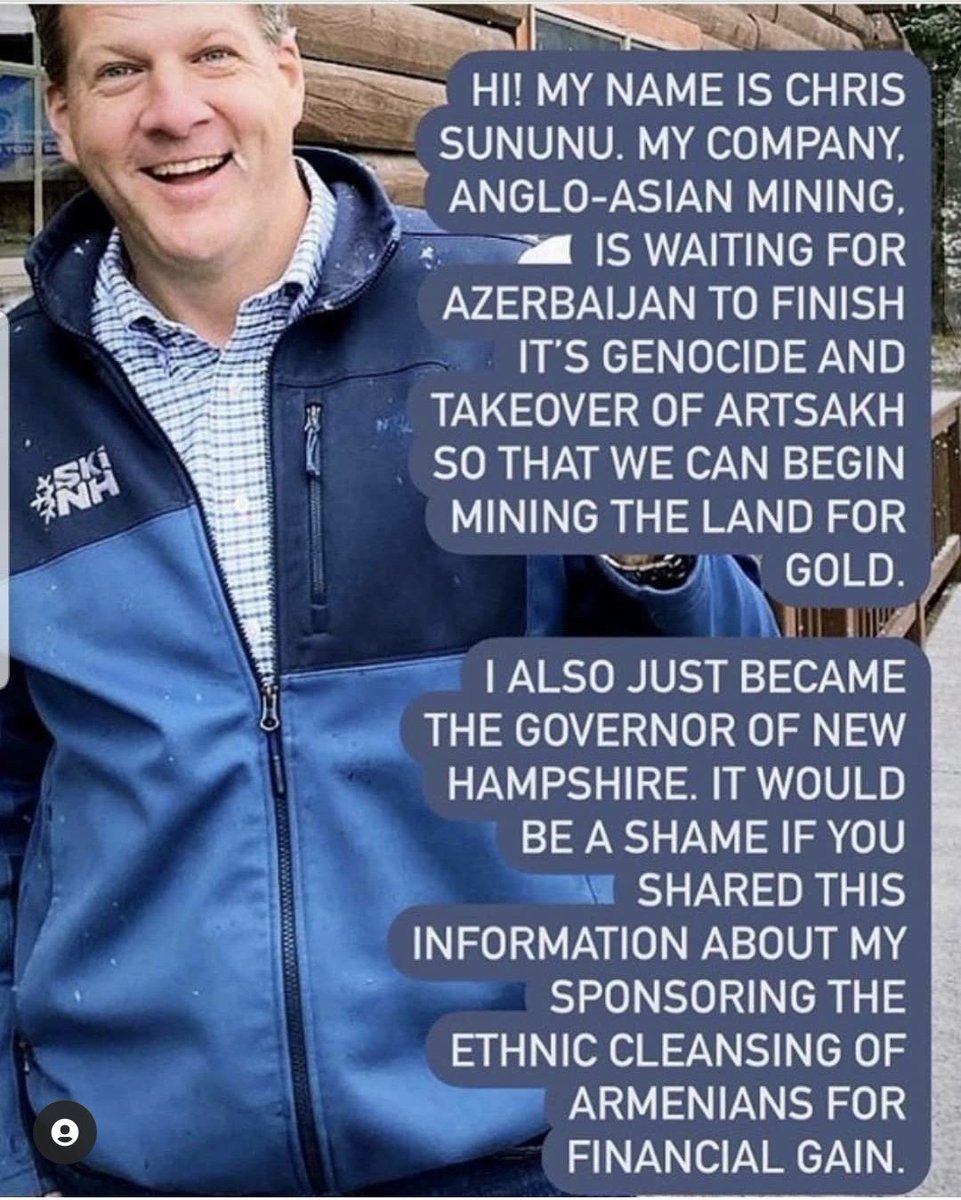 hyearch's tweet photo. @GovChrisSununu @ChrisSununu
New Hampshire’s Governor ran on a platform of Christianity and faith. At the same time he is profiting from the death of Christian Armenians in Artsakh. 🐍 #StopAliyev #RecognizeArtsakh https://t.co/5kGUNXPDjo