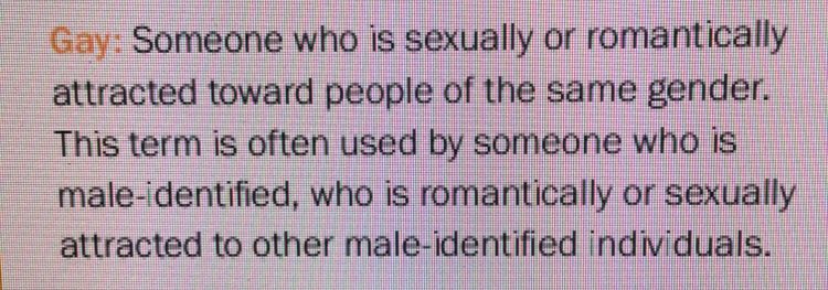 8/ Gay- again there are conflicting definitions between the teacher resource and the student handout. Students are told that gay people are “MAINLY attracted to people of the same GENDER”. Again my emphasis. The teachers pack gets a much more detailed definition