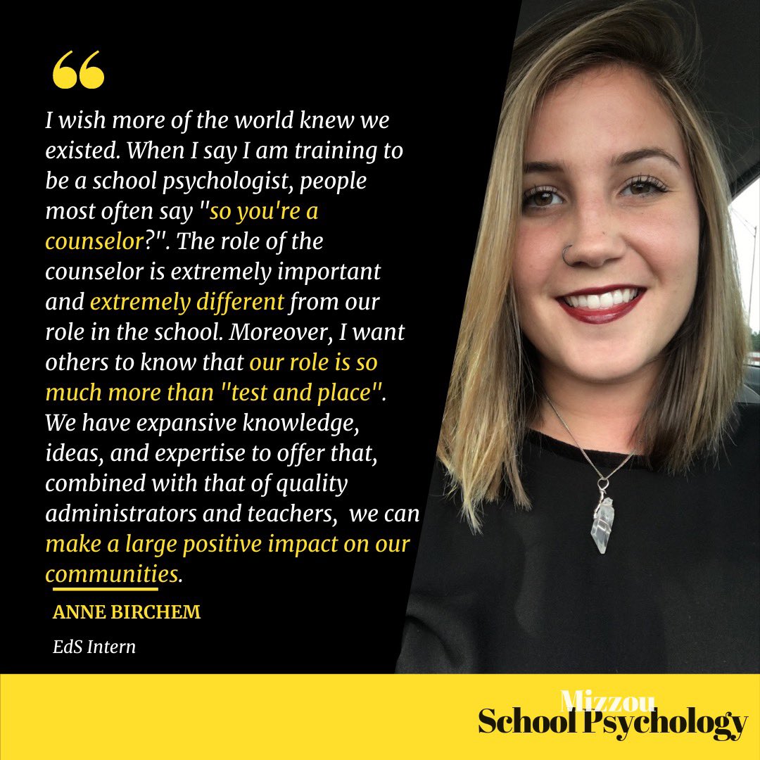MizzouSASP's tweet image. Meet Anne Birchem (@yeahookay)! Anne is an intern at Moreau Heights in Jefferson City. Here is what Anne has to say when asked “What is something that you wish the world knew about the field of School Psychology?” #NSPW #SPAW2020 @MOSchoolPsych @nasponline @MizzouEducation