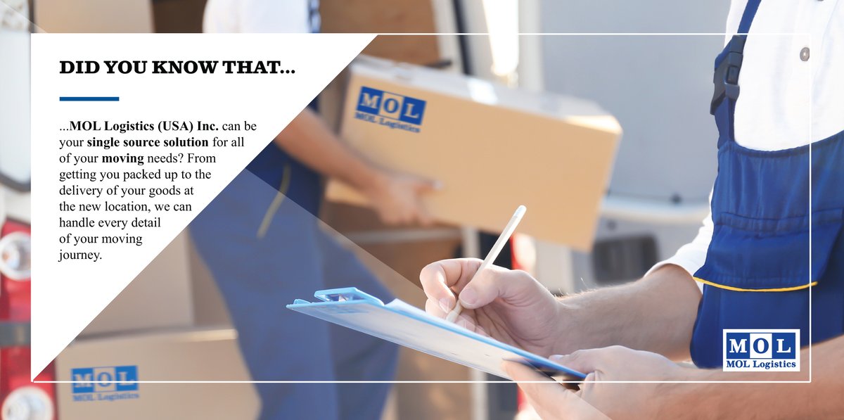 MOLLogisticsUSA's tweet photo. If your life plans or business needs call for you to make a move to another state or to a location around the world, MOL Logistics USA can help you every step of the way with our door to door #moving services. 

https://t.co/oxrTzMBAoT https://t.co/vnGXA8d2br