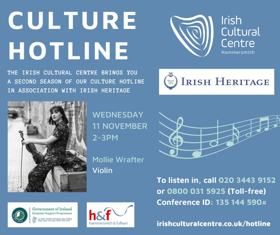 The Irish Cultural Centre (@myicclondon) on Twitter photo Join our Culture Hotline this Weds at 2pm for a live performance by Irish born violinist Mollie Wrafter. Mollie has just graduated from the Royal Northern College of Music where she achieved a First Class Honours in her Bachelor of Music degree. <a href="/MollieViolin/">Mollie Wrafter</a> #concert #irishmusic Join our Culture Hotline this Weds at 2pm for a live performance by Irish born violinist Mollie Wrafter. Mollie has just graduated from the Royal Northern College of Music where she achieved a First Class Honours in her Bachelor of Music degree. <a href="/MollieViolin/">Mollie Wrafter</a> #concert #irishmusic