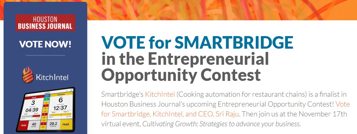 Last day, last chance to vote for <a href="/SmartbridgeLLC/">SmartbridgeLLC</a> to win the <a href="/HOUBizJournal/">Houston Business Journal</a> 2020 Entrepreneurial Contest! 
bizjournals.com/houston/news/2… #houstonbusiness
