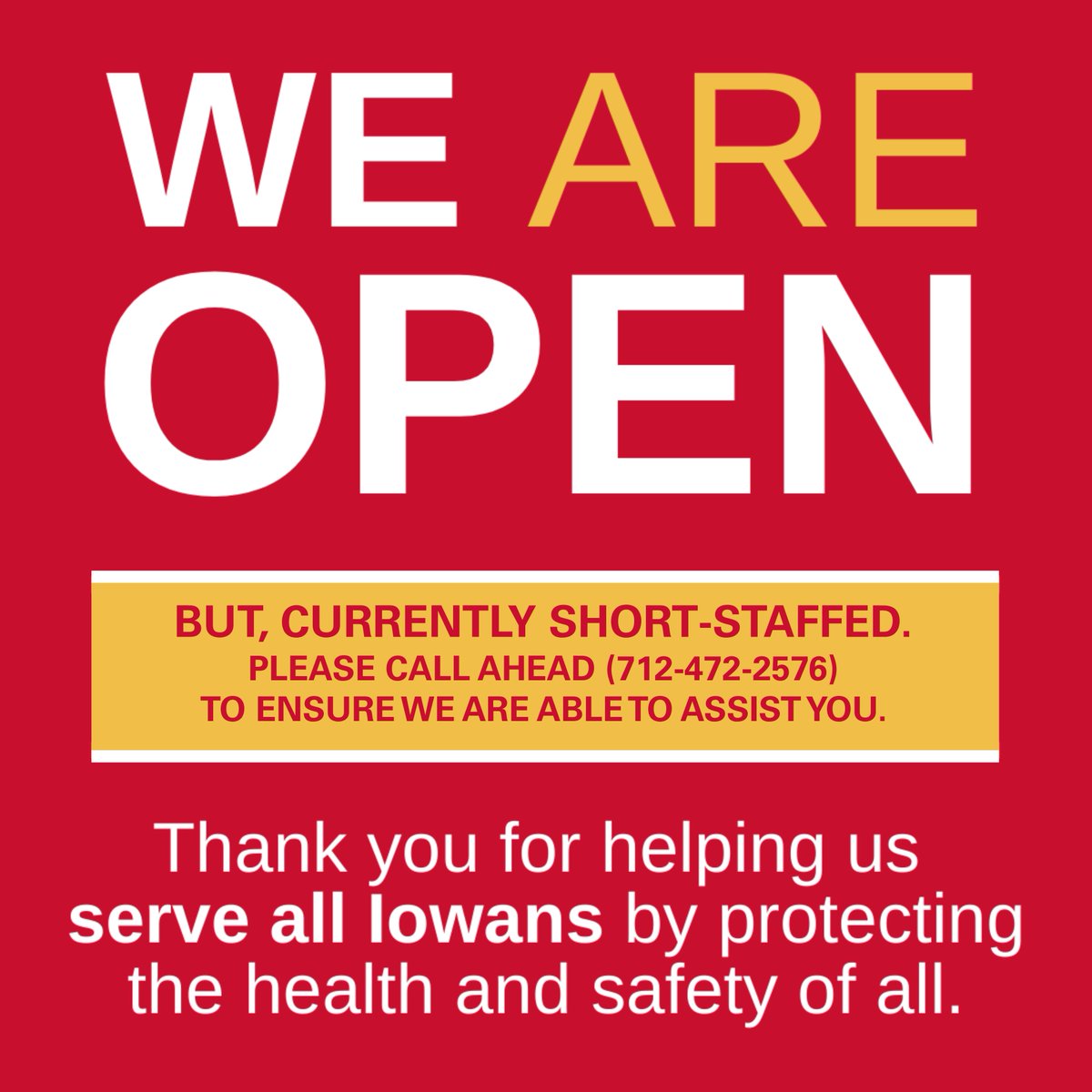 ISUExtLyon's tweet photo. Yes, our office is OPEN, but we are currently short-staffed, so please call ahead (712-472-2576) to ensure we are available to assist you. #StrongIowa https://t.co/JScGJKECbM