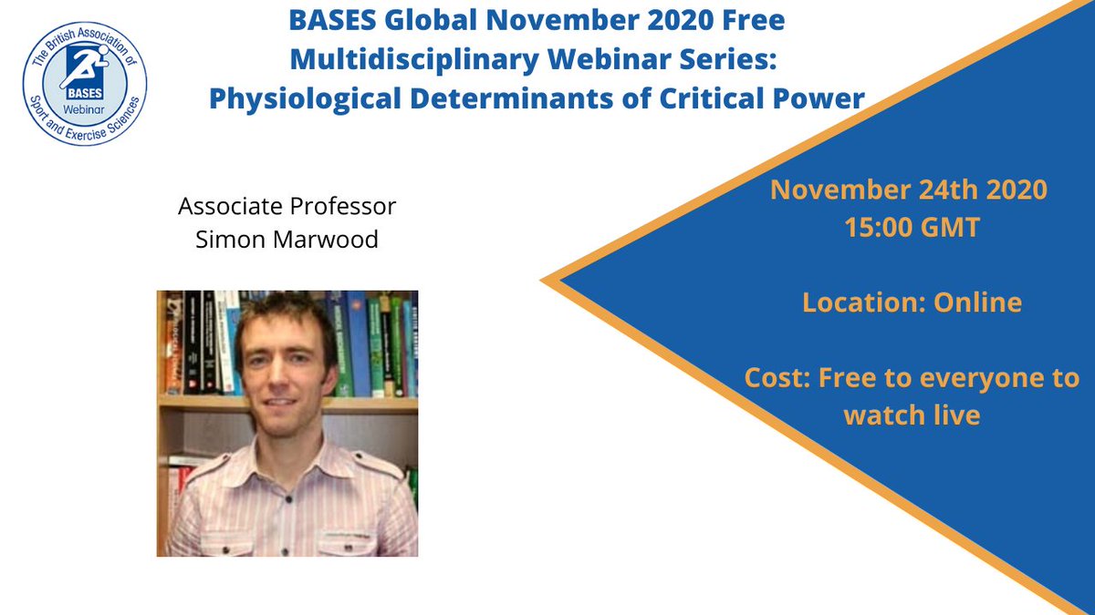 CASESsocial's tweet photo. The BASES November Webinar series continues on 24 November 2020 at 3pm with Associate Professor Simon Marwood presenting "Physiological Determinants of Critical Power".
Head to the following link for more details and to register: https://t.co/24Kw28tIMT https://t.co/htEg0KBJpl