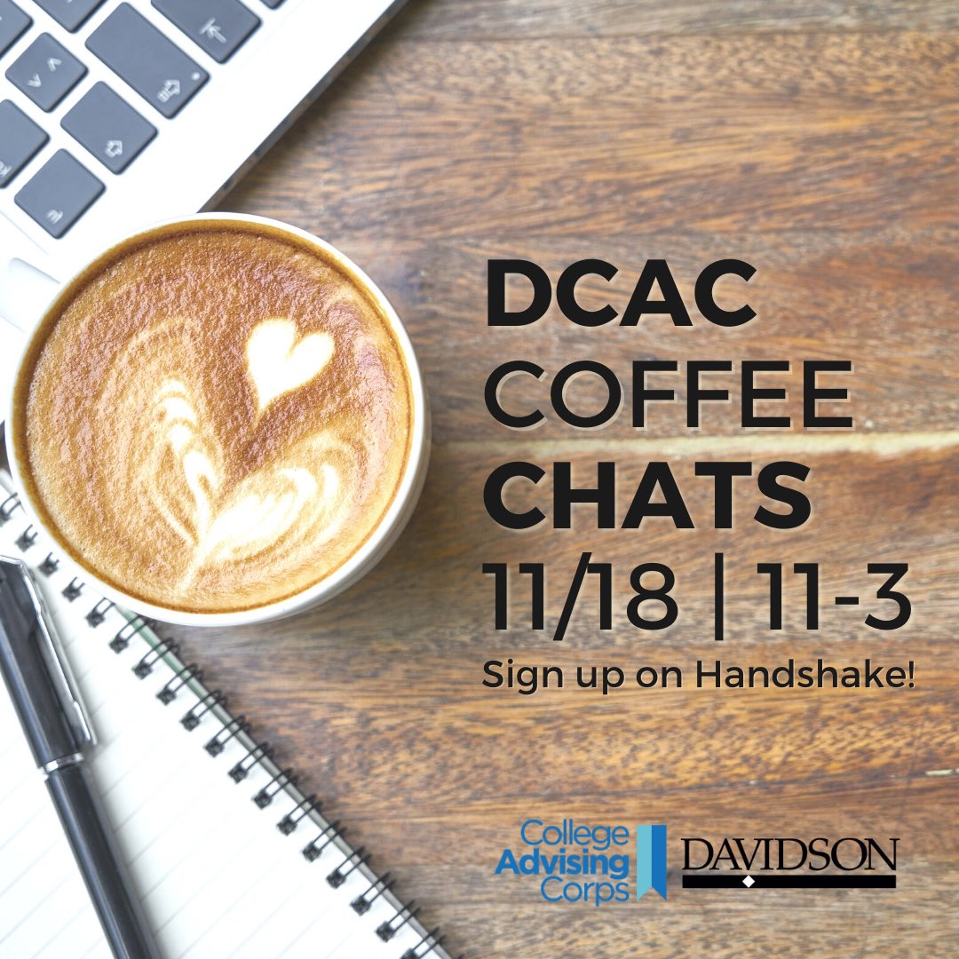 DavidsonCAC's tweet photo. Want to learn more about the Davidson College Advising Corps? Current Davidson students and young alumni are invited to sign up to chat with a current adviser about the job! Link in bio. #iadvise #JobSearch #davidsonalumni https://t.co/EXuGeRbv5I