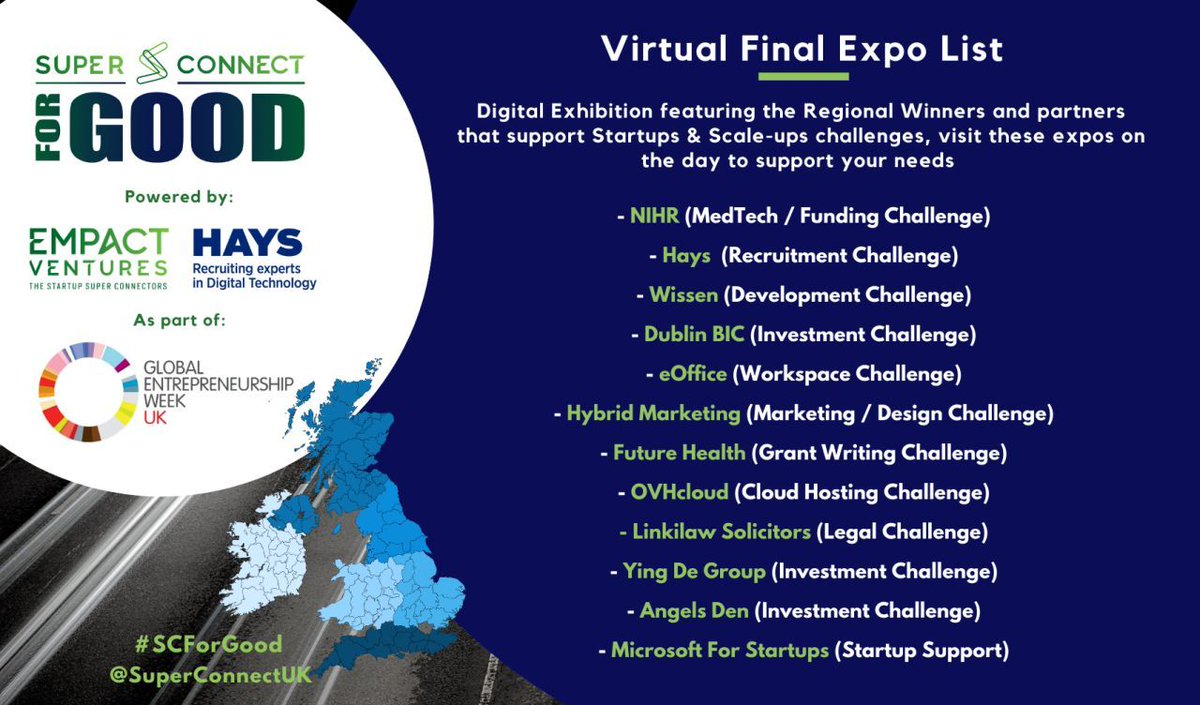 superconnectuk's tweet photo. The Super Connect for Good Virtual Final taking place on 17th Nov 2020 in Global Entrepreneurship Week UK featuring a Digital Exhibition to support you with your business challenges - Register: https://t.co/ODgCqS9i7s @eOffice @HaysDigiTechUKI @OVHcloud_UK @AngelsDen  #GEW2020 https://t.co/DewkfaYxnD