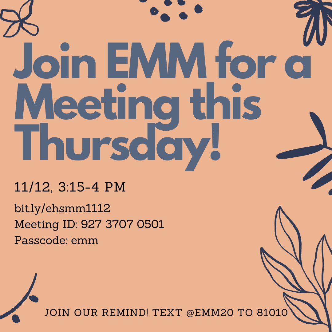 Join us for our meeting this Thursday, 11/12, from 3:15-4:00 pm! We will be discussion social and societal issues, and how they effect our mental health. We look forward to seeing you! 🦅🦅#ehsmindsmatter