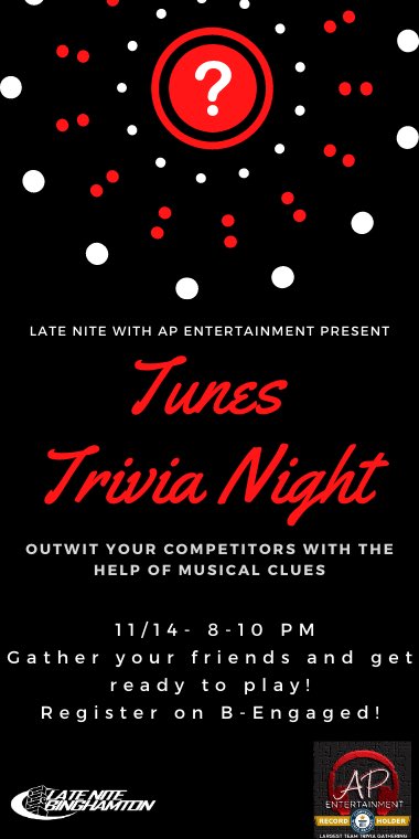 LateNiteBing's tweet photo. Join Late Nite and AP Entertainment this Saturday 11/14 for virtual Tunes Trivia! Outwit your competitors with the help of musical clues! Register on B-engaged for the link. This weekend on Friday the 13th we have three creepy showings of The Grudge! 🎸🎵🎤🎧🎹 https://t.co/plU5n0uStX