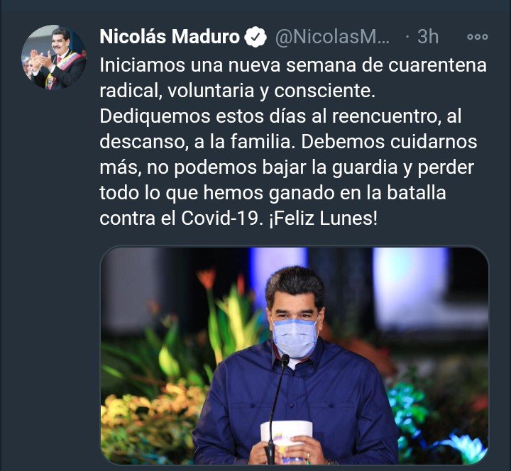 El Gobierno de Venezuela activó hoy la semana de cuarentena radical para prevenir la aparición de nuevos focos de contagio de la Covid-19, tras siete días de flexibilización en más de 50 sectores socioeconómicos.
#NoticiasHoy 
#venezuelavenciendoalcovid19