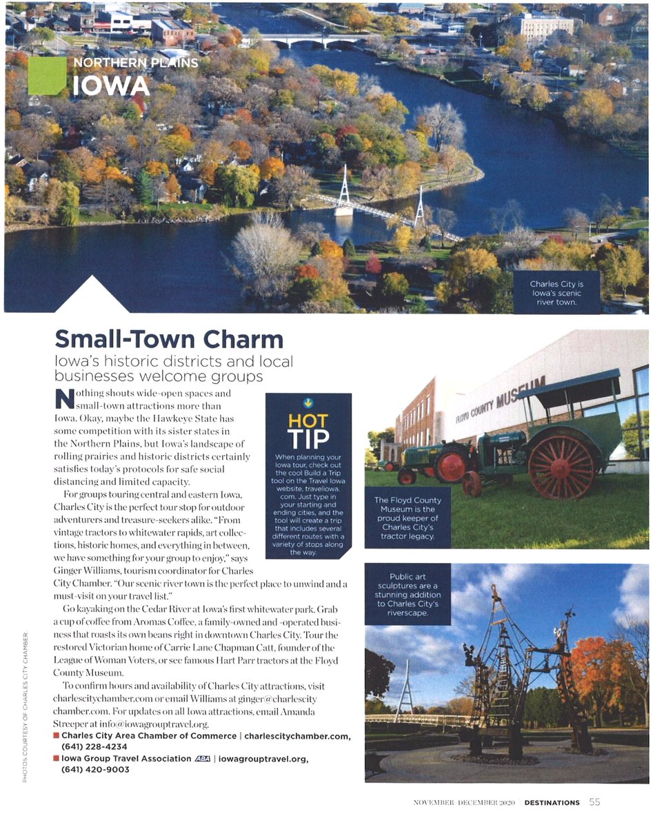 How neat to see <a href="/CharlesCityIA/">Charles City Chamber</a> featured in the <a href="/AmericanBusAssn/">AmericanBusAssn</a> Destinations magazine. We love being apart of the #CharlesCityIA community and would love for you to come visit us! (Full issue bit.ly/3oUPBWT; Charles City story pg 55) #ThisIsIowa #MWTravel #CattMuseum