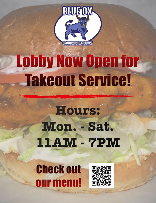 BlueOxSandwich's tweet photo. We have missed seeing you! Our lobby is now open for takeout service! Come on in and see us to take out your favorite Blue Ox sandwiches! #myburnsville https://t.co/XzKlUuL7mw