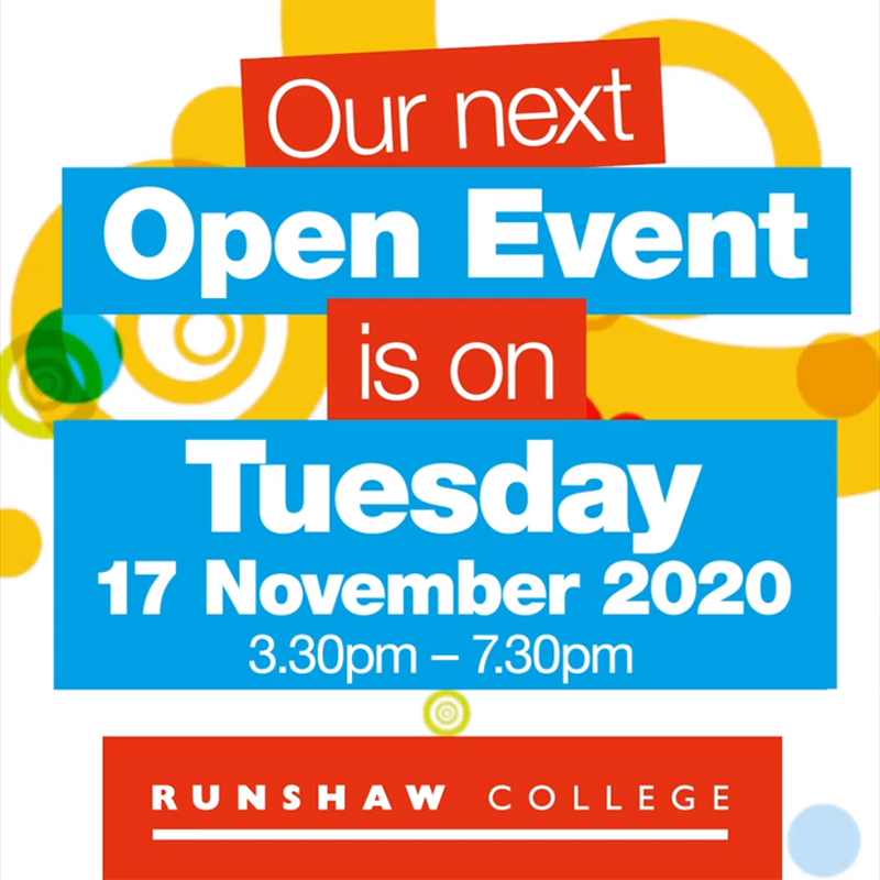 Open Evening: Tuesday 17 November 3.30-7.30pm!

Check out our video: vimeo.com/477060448

Register here: runshaw.ac.uk/openevent/

<a href="/PenworthamGH/">PenworthamGirlsHigh</a> <a href="/PriorySTC/">Penwortham Priory</a> <a href="/pmghs/">PMGHS</a> @QEGS_Blackburn <a href="/RBHSBolton/">Rivington & Blackrod High School</a> @Scarisbrickhall <a href="/ShaftesburyHigh/">Shaftesbury High School</a> <a href="/SharplesSchool/">Sharples School</a> @shevingtonhigh <a href="/SmithillsSchool/">Smithills School</a>