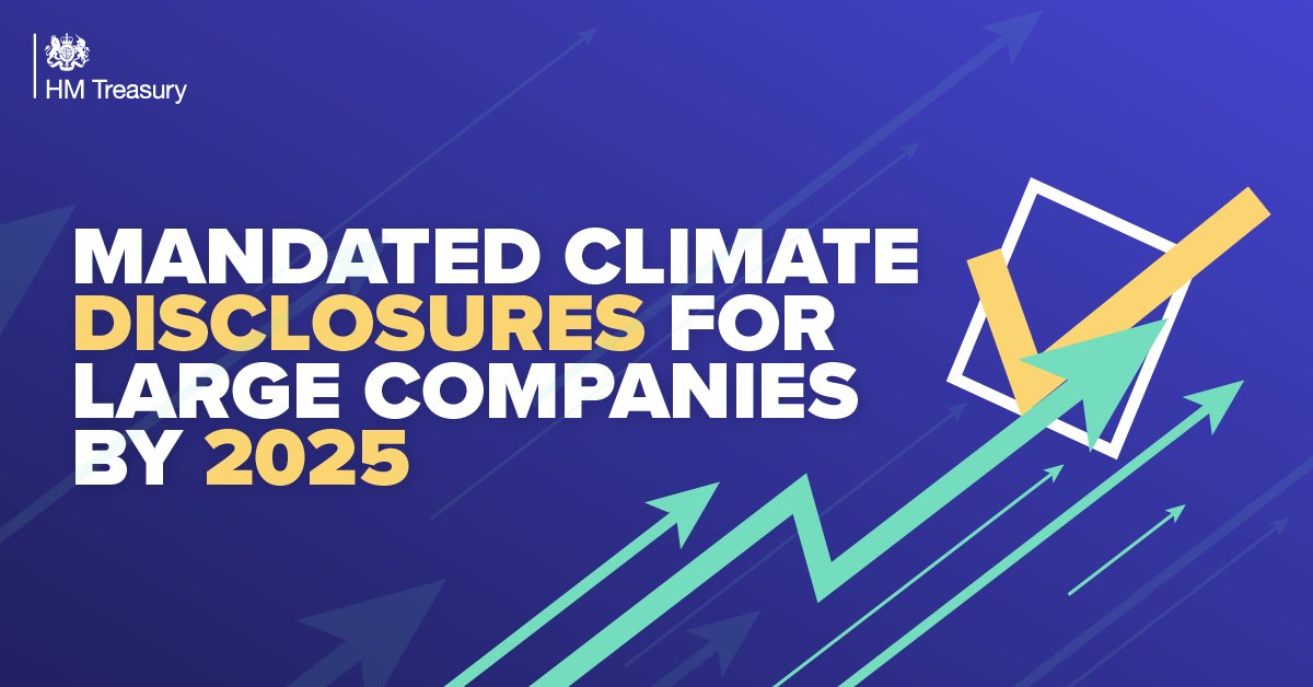 RishiSunak's tweet photo. We’re announcing the UK’s intention to mandate climate disclosures by large companies and financial institutions across the economy, by 2025.
 
Going further than recommended by the Taskforce on Climate-related Financial Disclosures. And the first G20 country to do so. https://t.co/ZfRNxmRi3t