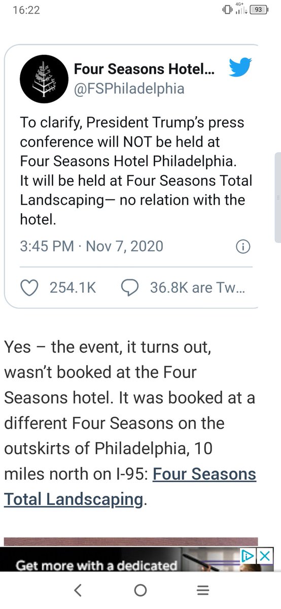 PresidentLebon's tweet photo. @cjdtwit @RudyGiuliani @realDonaldTrump If our #Godfather wins he is a genius if he loses all his cases this is because of the media and crooked Democrats.
That's we call Win-Win situation.
I'll check that out at Four Seasons Hotel, sorry Total Landscaping.
What a #Joker ! https://t.co/fihu7X1V4E