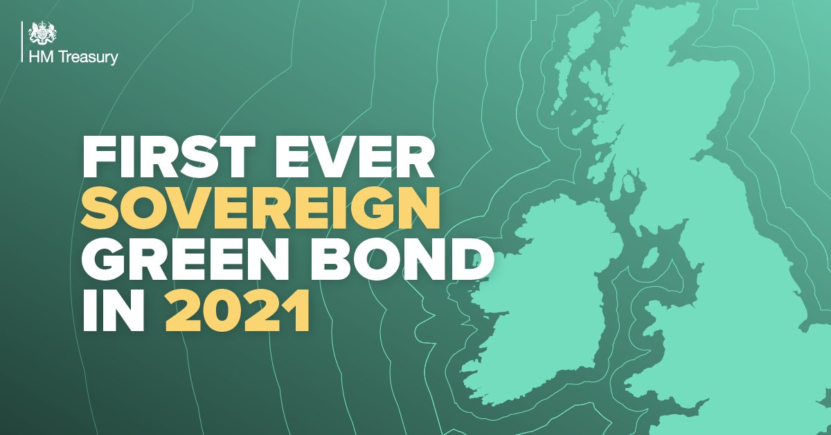 hmtreasury's tweet photo. The Government will issue its first Sovereign Green Bond in 2021, helping the UK meet its 2050 net zero target and creating green jobs across the country. https://t.co/bmFXOTrIMm