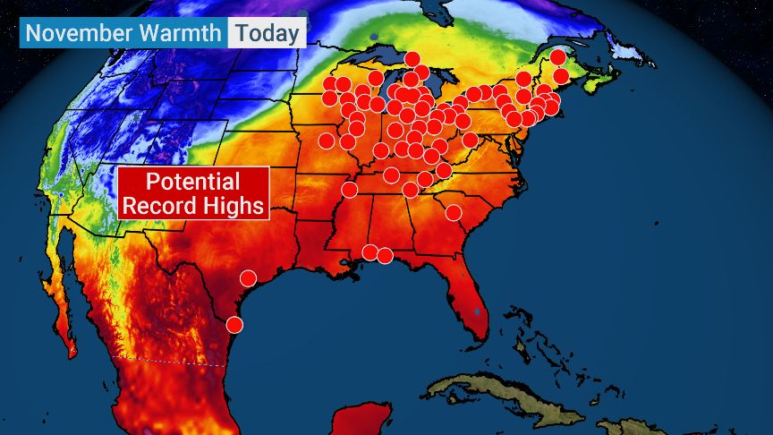 weatherchannel's tweet photo. Across the eastern half of the U.S., plenty of people could be having record highs today!

Are you one of them? We have your outlook for the week LIVE on TWC today. https://t.co/xY8RNYaEbu